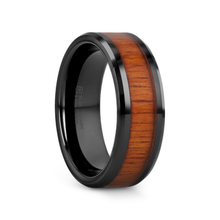 ACACIA Koa Wood Inlaid Black Ceramic Ring with Bevels - 4mm - 12mm