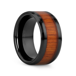 ACACIA Koa Wood Inlaid Black Ceramic Ring with Bevels - 4mm - 12mm