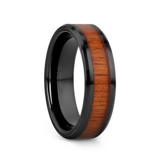 ACACIA Koa Wood Inlaid Black Ceramic Ring with Bevels - 4mm - 12mm