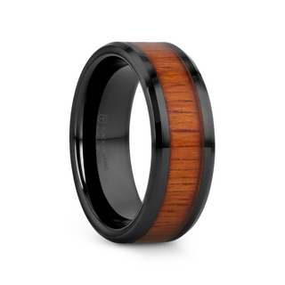 ACACIA Koa Wood Inlaid Black Ceramic Ring with Bevels - 4mm - 12mm