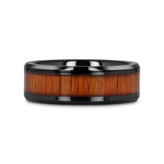 ACACIA Koa Wood Inlaid Black Ceramic Ring with Bevels - 4mm - 12mm