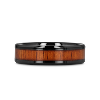 ACACIA Koa Wood Inlaid Black Ceramic Ring with Bevels - 4mm - 12mm