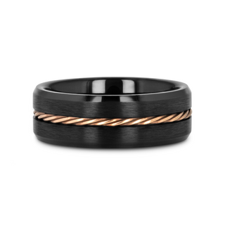 ADELARD Rose Gold Braided Brushed Center Black Tungsten Men's Wedding Band With Polished Beveled Edges - 8mm