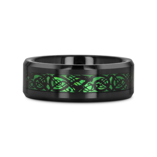 ALLURE Black Dragon Design With Green Background Inlaid Black Tungsten Men's Ring With Clear Coating And Beveled Edge - 8mm