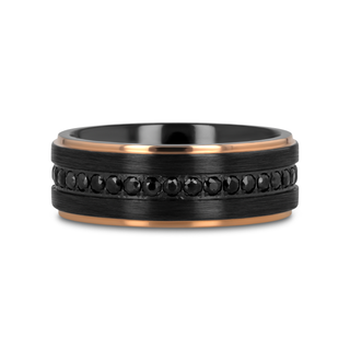 ASTRO Flat Brushed Black Titanium Ring with Rose Gold Plated Edge and Black Sapphire Settings All Around - 8mm