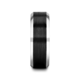 ATNOS Brushed Black Center Polished Beveled Edges Men’s Titanium Wedding Ring - 6mm & 8mm