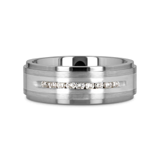 BOND Flat Brushed Silver Inlaid Titanium Men's Wedding Band With 9 Channel Set White Diamonds - 8mm