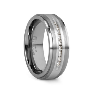 BOND Flat Brushed Silver Inlaid Titanium Men's Wedding Band With 9 Channel Set White Diamonds - 8mm