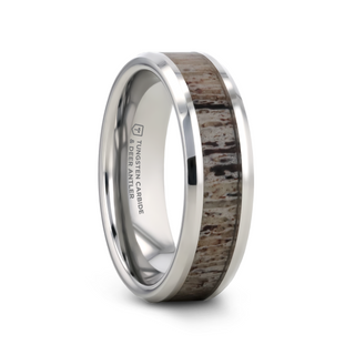 BUCK Polished Beveled Tungsten Carbide Men's Wedding Band with Ombre Deer Antler Inlay - 6mm & 8mm