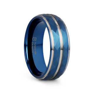 CARMEL Blue Ion Plated Tungsten Carbide Men's Ring With Faceted Center And Stepped Edges - 8mm