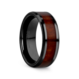 CERISE Redwood Inlaid Black Ceramic Ring with Beveled Edges - 8mm