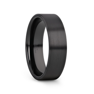 DRAKON Flat Pipe Cut Brush Finished Black Ceramic Wedding Band - 2mm - 12mm