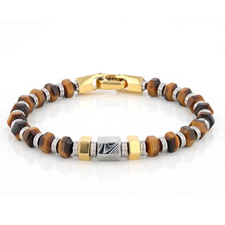 Hexagonal Tiger Eye Stone and Damascus Steel Bead Bracelet With Stainless Steel - 9 Inch