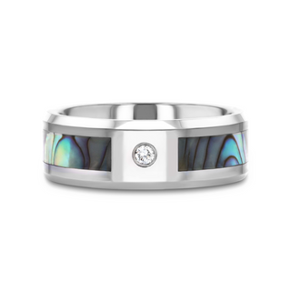 HONOLULU Mother of Pearl Inlay Tungsten Carbide Ring with Beveled Edges and White Diamond - 8mm