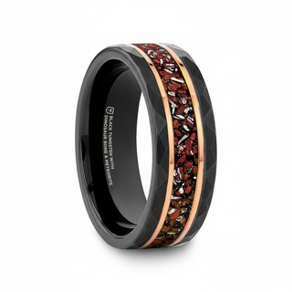 INFERNO Black/Rose Hammered Tungsten Carbide Ring with Dinosaur Bones and Meteorite - 8mm