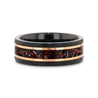 INFERNO Black/Rose Hammered Tungsten Carbide Ring with Dinosaur Bones and Meteorite - 8mm