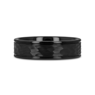 JOINER Hammered Finish Center Black Tungsten Carbide Wedding Band with Dual Offset Grooves and Polished Edges - 6mm or 8mm