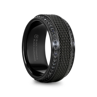 KNIGHT Steel Chain Black Titanium Wedding Ring Polished Beveled Edges Set with Round Black Diamonds - 10mm