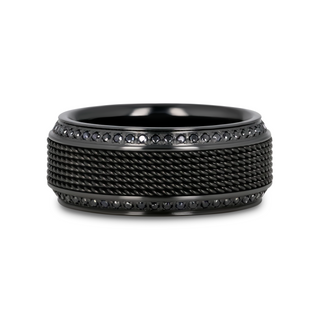 KNIGHT Steel Chain Black Titanium Wedding Ring Polished Beveled Edges Set with Round Black Diamonds - 10mm