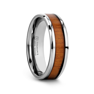 KOAN Titanium Polished Finish Koa Wood Inlaid Men’s Wedding Ring with Beveled Edges - 6mm & 8mm