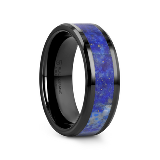 MARLOW Men’s Polished Black Ceramic Wedding Band with Blue Lapis Inlay & Beveled Edges - 8mm