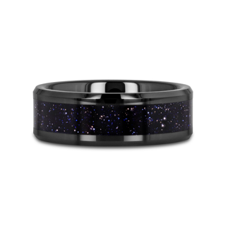 MELO Black Ceramic Beveled Polished Men’s Wedding Band with Purple Goldstone Inlay - 8mm