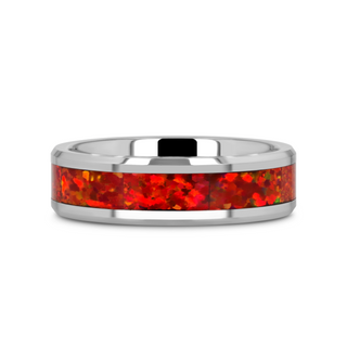 NEBULA Tungsten Wedding Band with Beveled Edges and Red Opal Inlay - 4mm - 8mm
