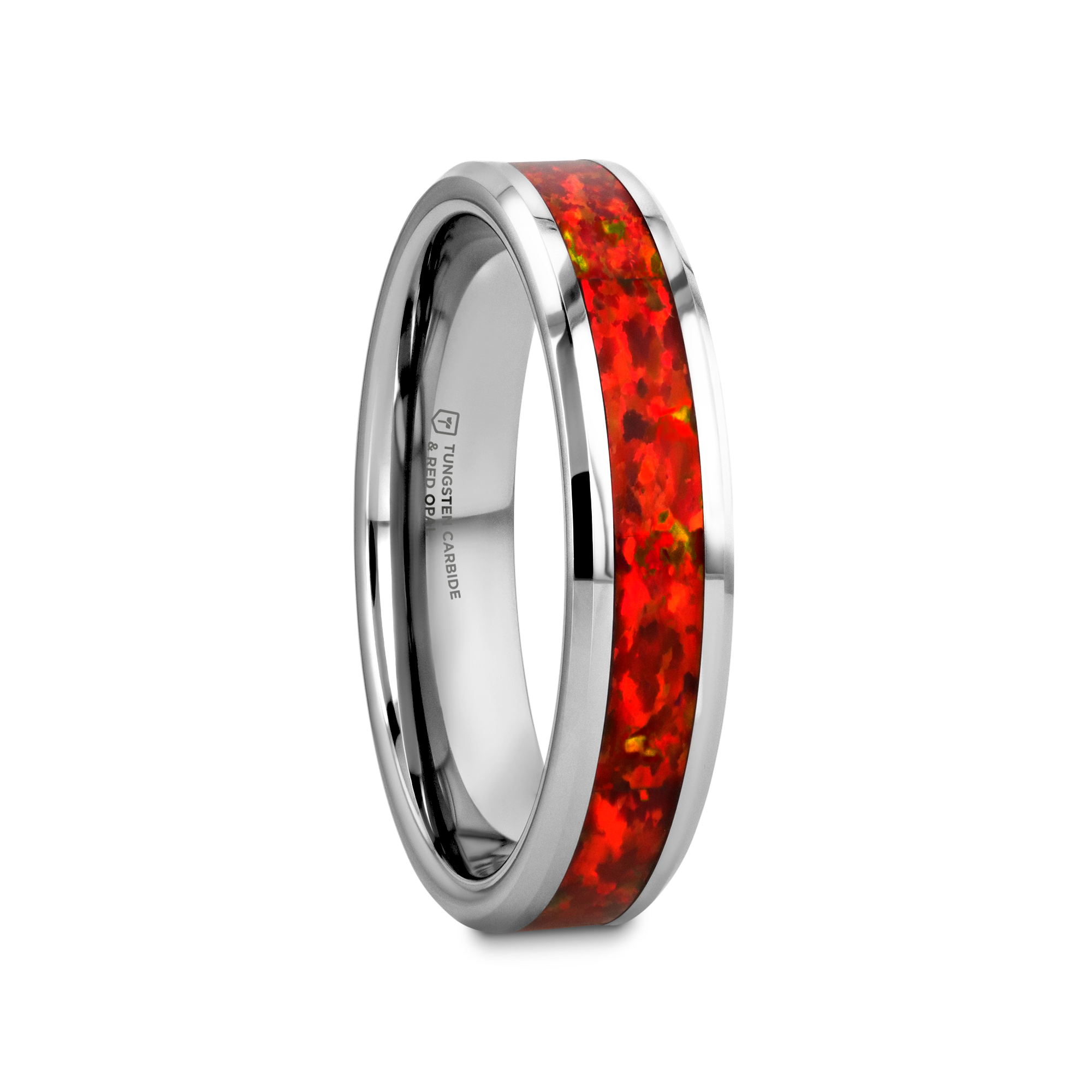 NEBULA Tungsten Wedding Band with Beveled Edges and Red Opal Inlay NEBULA Tungsten Wedding Band with Beveled Edges and Red Opal Inlay