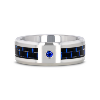 NEPTUNE Tungsten Carbide Ring with Black and Blue Carbon Fiber and Blue Sapphire Setting with Bevels - 8mm