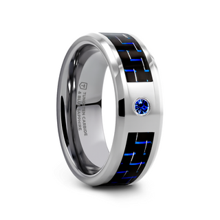 NEPTUNE Tungsten Carbide Ring with Black and Blue Carbon Fiber and Blue Sapphire Setting with Bevels - 8mm
