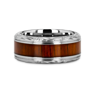 OHANA Koa Wood Inlaid Titanium Men’s Wedding Ring with Intricate Edges - 6mm - 10mm