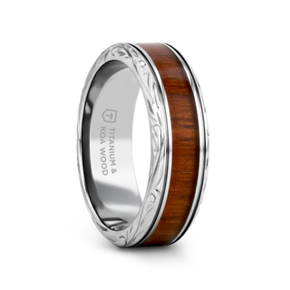 OHANA Koa Wood Inlaid Titanium Men’s Wedding Ring with Intricate Edges - 6mm - 10mm