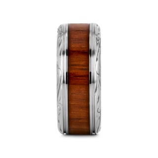 OHANA Koa Wood Inlaid Titanium Men’s Wedding Ring with Intricate Edges - 6mm - 10mm