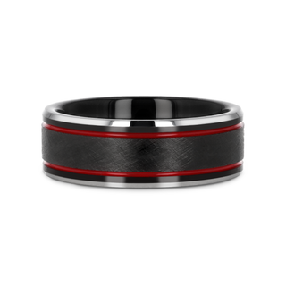 OLIS Wire Finish Centered Black Tungsten Men's Wedding Band With Double Red Stripe Polished Beveled Edges - 8mm