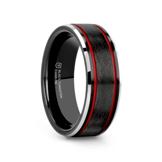 OLIS Wire Finish Centered Black Tungsten Men's Wedding Band With Double Red Stripe Polished Beveled Edges - 8mm