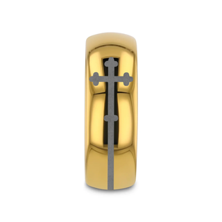 SIDEWAYS CROSS on Domed Gold Plated Tungsten Carbide Ring