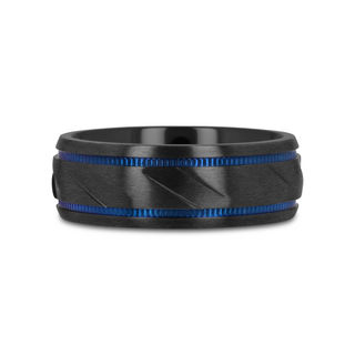 PATROL Black Titanium Carved Diagonal Pattern Brushed Finish Men’s Wedding Ring with Blue Milgrain Grooves – 8mm