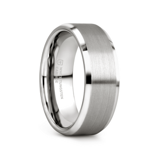 PETERSBURG Brushed Center White Tungsten Ring with Beveled Edges - 4mm - 10mm