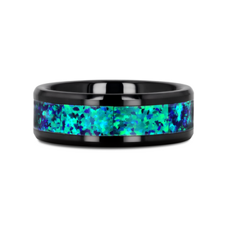 PULSAR Black Ceramic Wedding Band with Beveled Edges and Emerald Green & Sapphire Blue Color Opal Inlay - 6mm or 8 mm