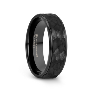 REBEL Raised Hammer Finish Step Edge Black Tungsten Carbide Wedding Band with Brushed Finish - 6mm or 8mm