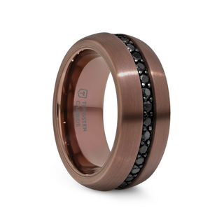 Angled view of an 8mm espresso-brown tungsten carbide ring featuring a central channel set with black sapphires, brushed finish, and polished interior