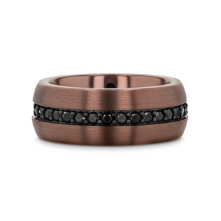 Side view of the espresso tungsten carbide ring highlighting the brushed finish and black sapphire inlay around the band