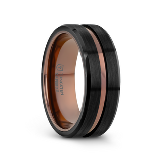Angled view of a men’s flat brushed black tungsten wedding band with an espresso-colored groove and polished edges, 8mm width