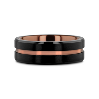 Side view of the flat black tungsten band with espresso groove and polished interior