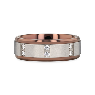 Side profile of the 8mm tungsten carbide ring showing brushed center panel with multiple channel-set diamonds and polished rose gold-tone edges