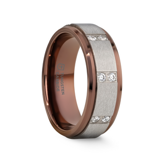 Tungsten carbide wedding band with raised brushed silver-tone center, rose gold-tone edges, and channel-set round diamonds, angled view
