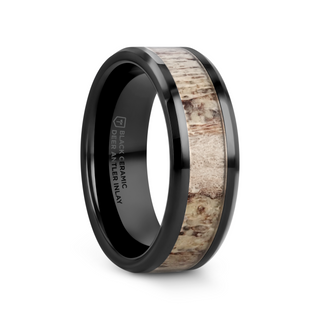 TRES Beveled Black Ceramic Polished Men's Wedding Band with Ombre Antler Inlay - 8mm