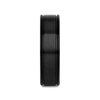 TURNER Flat Brushed Finish Center Black Tungsten Carbide Wedding Band with Dual Offset Grooves and Polished Edges - 6mm & 8mm