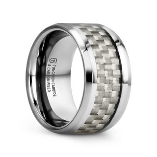 ULTIMUS Tungsten Carbide Ring with Beveled White Carbon Fiber Inlay - 4mm - 12mm
