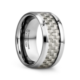 ULTIMUS Tungsten Carbide Ring with Beveled White Carbon Fiber Inlay - 4mm - 12mm